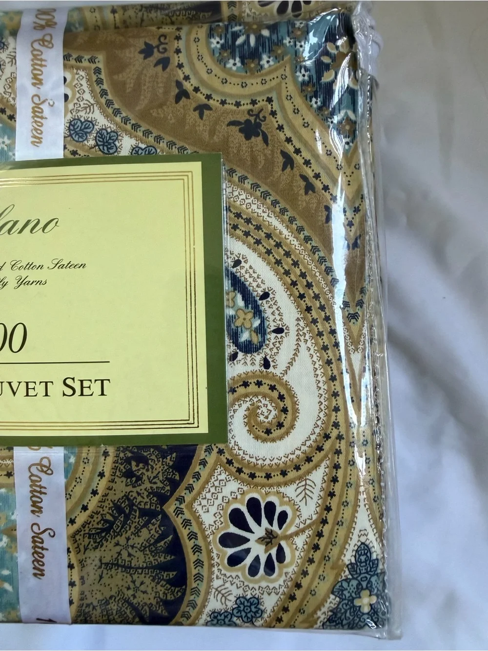 Milano King Duvet Set 3pc 300 TC 100% Cotton Sateen Blue Gold Paisley Medallion